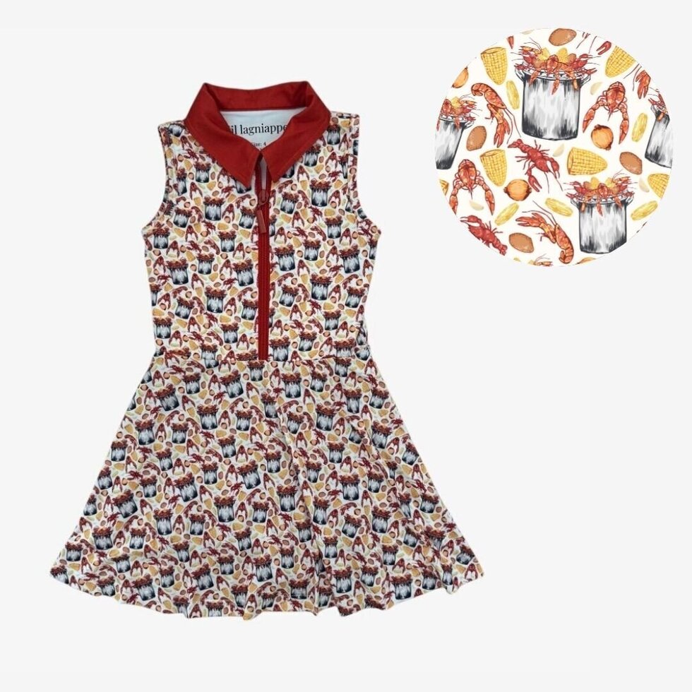 brown pink polka dot dress taylor performance dress UPF 50+ || crawfish boil 3T