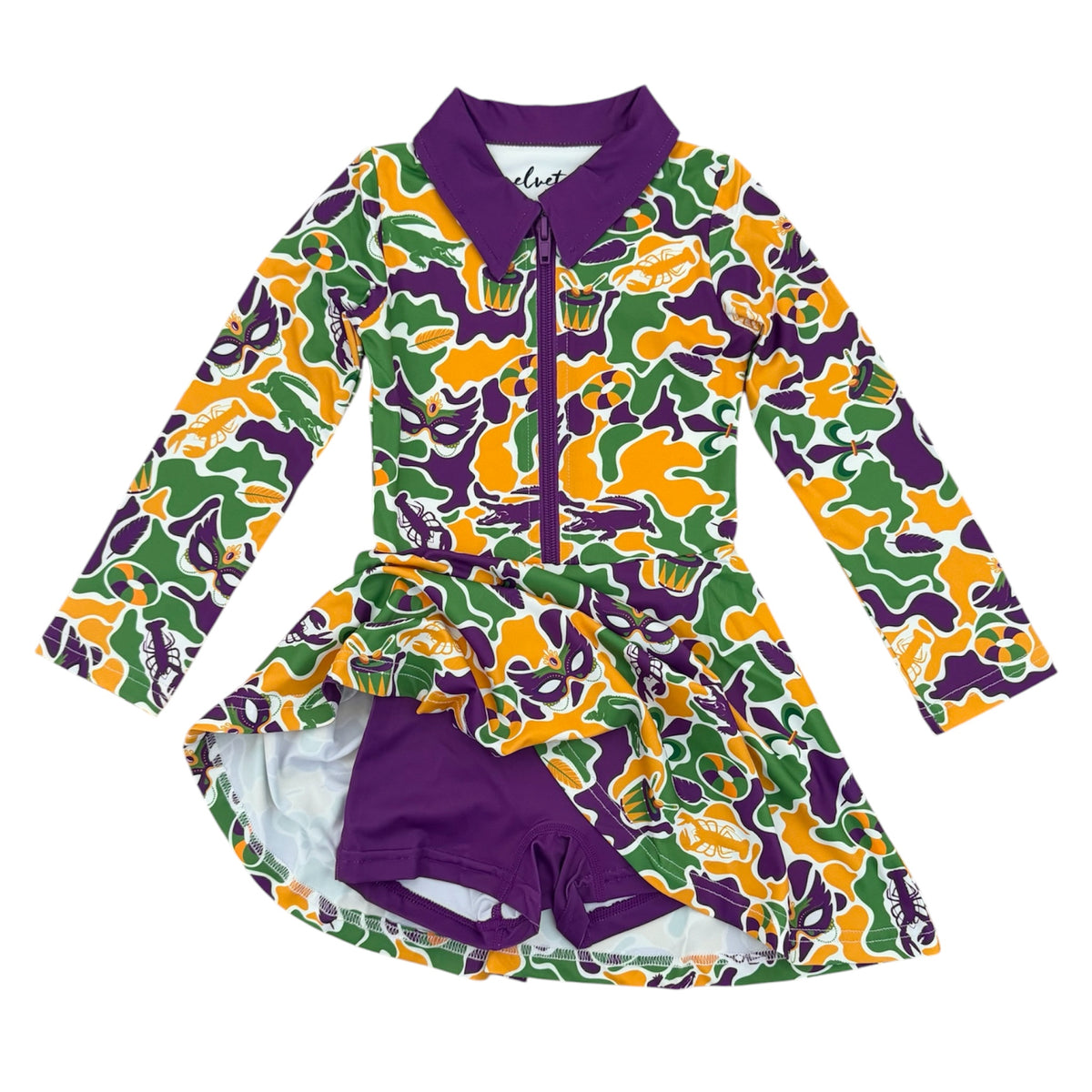 cecil long sleeve UPF 50+ performance dress || mardi gras camo